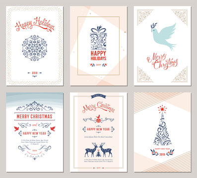Elegant vertical winter holidays greeting cards with New Year tree, dove, reindeers, gift box, snowflake, Christmas ornaments and ornate typographic design. 