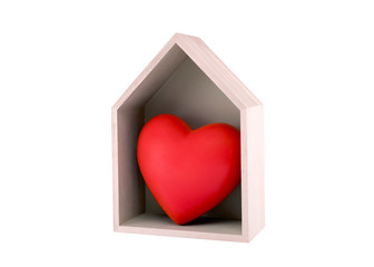 Wooden house with red heart isolated on white with clipping path