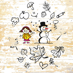 Autumn season doodles on wooden background