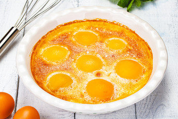 Peach Clafoutis in ceramic pie dish. Close up