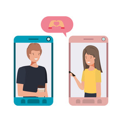 young couple in smartphone with speech bubble