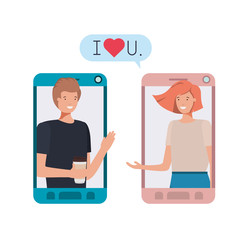 young couple in smartphone with speech bubble
