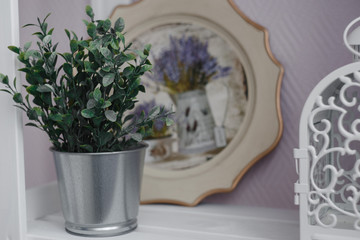 Moscow, Russia - 06 10 2018: interior designing. homemade tray and lantern,home decor, cozy room