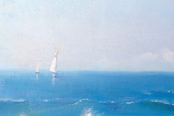 Sea painting. calm and boat on canvas oil painting for the background of a major stroke.