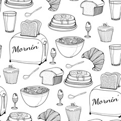 Hand drawn graphic breakfast food. Vector seamless pattern