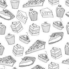 Hand drawn graphic cakes and muffins. Vector seamless pattern