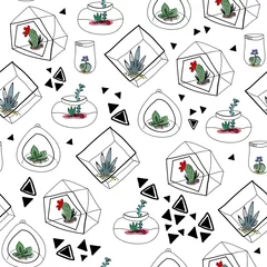 Gordijnen Handgetekende vetplanten in aquaria en abstracte driehoeken. Vector naadloos patroon © Dariia