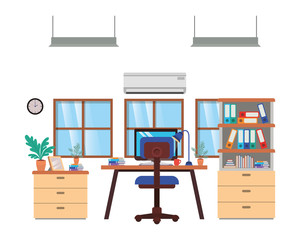 office desk and shelving with books isolated icon
