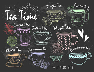 Hand drawn graphic tea cups. Various sorts of tea. Colored vector set. Chalk style
