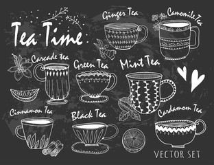 Hand drawn graphic tea cups. Various sorts of tea. Vector set. Chalk style