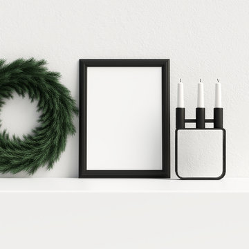 Mock Up Poster Frame Interior Scandinavian Christmas Winter Decoration, 3D Rendering, 3D Illustration