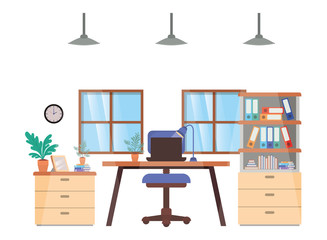 office desk and shelving with books isolated icon