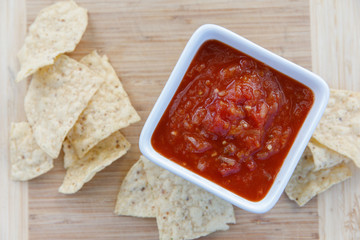 Tortilla Chips and Salsa on a Wood Serving Board Cinco de Mayo