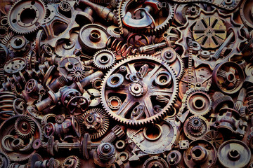 Steampunk background, machine parts, large gears and chains from machines and tractors.