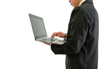 Man typing laptop.