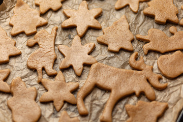 Figures Christmas trees, snowflakes from raw dough for holiday cookies