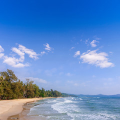 Sand beach and Sponge water waves on beach, the beach Beautiful tropical sea and blue sky of Koh Kood island