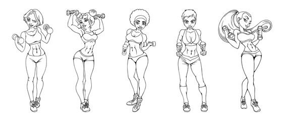Set of athletic girls with dumbbells