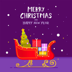 Santa sleigh with piles of presents. Christmas card design illustration