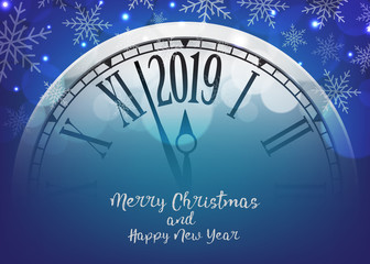 Naklejka na ściany i meble Vector 2019 Happy New Year with retro clock on snowflakes blue background,illustration EPS10.