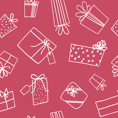 Vector Christmas present gift box line art seamless pattern.Great for scrapbooking, wallpaper, fabric, gift wrapping and more