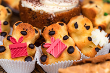 Close up tasty bear-shaped biscuits on table