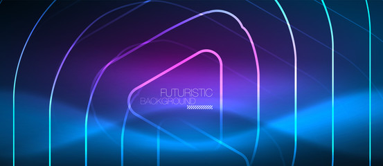 Neon glowing techno lines, hi-tech futuristic abstract background template with geometric shapes
