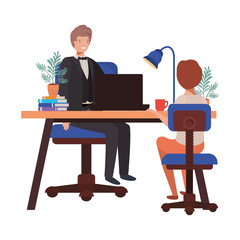 businessman in the office with boy avatar character