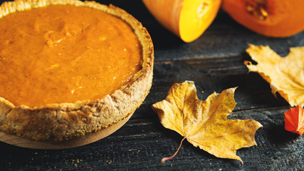 Traditional pumpkin pie . Festive composition