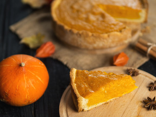 Traditional pumpkin pie . Festive composition