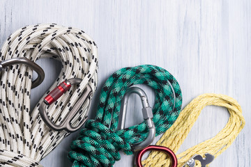 set of ropes of different colors and sizes for a rock climber