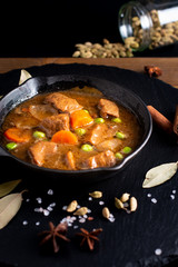 Winter Food concept homemade organic stew beef or bourguignon in Cast-Iron Skillet pan with copy space