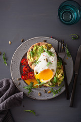 breakfast avocado sandwich with fried egg and tomato