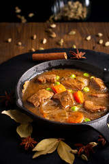 Winter Food concept homemade organic stew beef or bourguignon in Cast-Iron Skillet pan with copy space