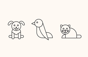 Bird, dog, cat icons, thin line style
