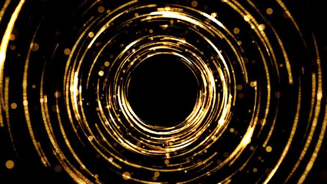 Holiday background for celebration. Golden particles and rings tunnel. Glamour vortex. Seamless loop.