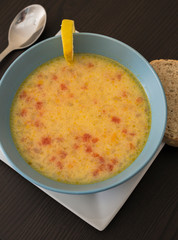 Homemade hot vegetable soup in bowl, close-up