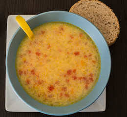 Homemade hot vegetable soup in bowl, close-up