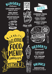 Burger food menu template for restaurant with chefs hat lettering.
