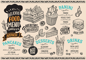 Brunch food menu template for restaurant with chefs hat lettering.