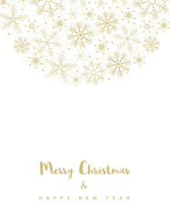 Merry Christmas and Happy New Year. Simple Christmas Vector Card. Gold Delicate Design on a White Background. Semicircle Frame Made of Snowflakes.