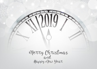 Naklejka na ściany i meble Vector 2019 Happy New Year with retro clock on snowflakes white background,illustration EPS10.