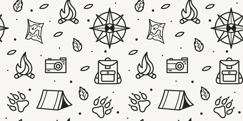 Vector seamless pattern of compass, paws, backpack, tent, bonfire, camera, map for tourist symbol