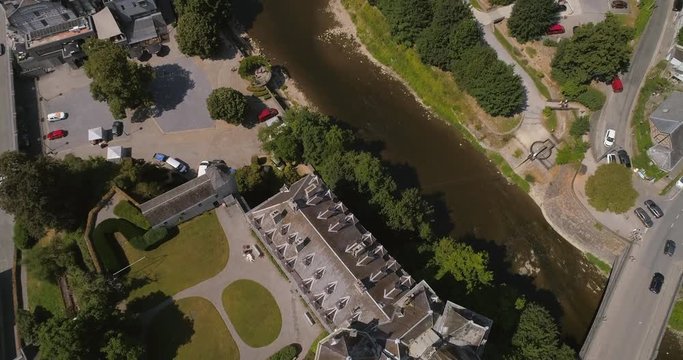 drone flying over Durbuy castle DOWNWARD VIEW