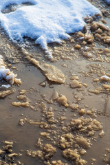 Frozen puddle on the road in winter