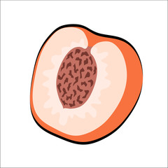 Sweet cartoon peach with green leaves on white, stock vector illustration