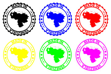 Made in Venezuela - rubber stamp - vector, Venezuela map pattern - black, blue, green, yellow, purple and red