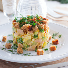 salad with smoked ham, corn, crackers, square