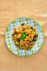 Prawn with rice - closeup of prawn with rice - traditionnal spanish food paella