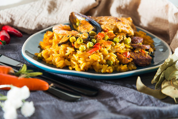 Prawn with rice - closeup of prawn with rice - traditionnal spanish food paella